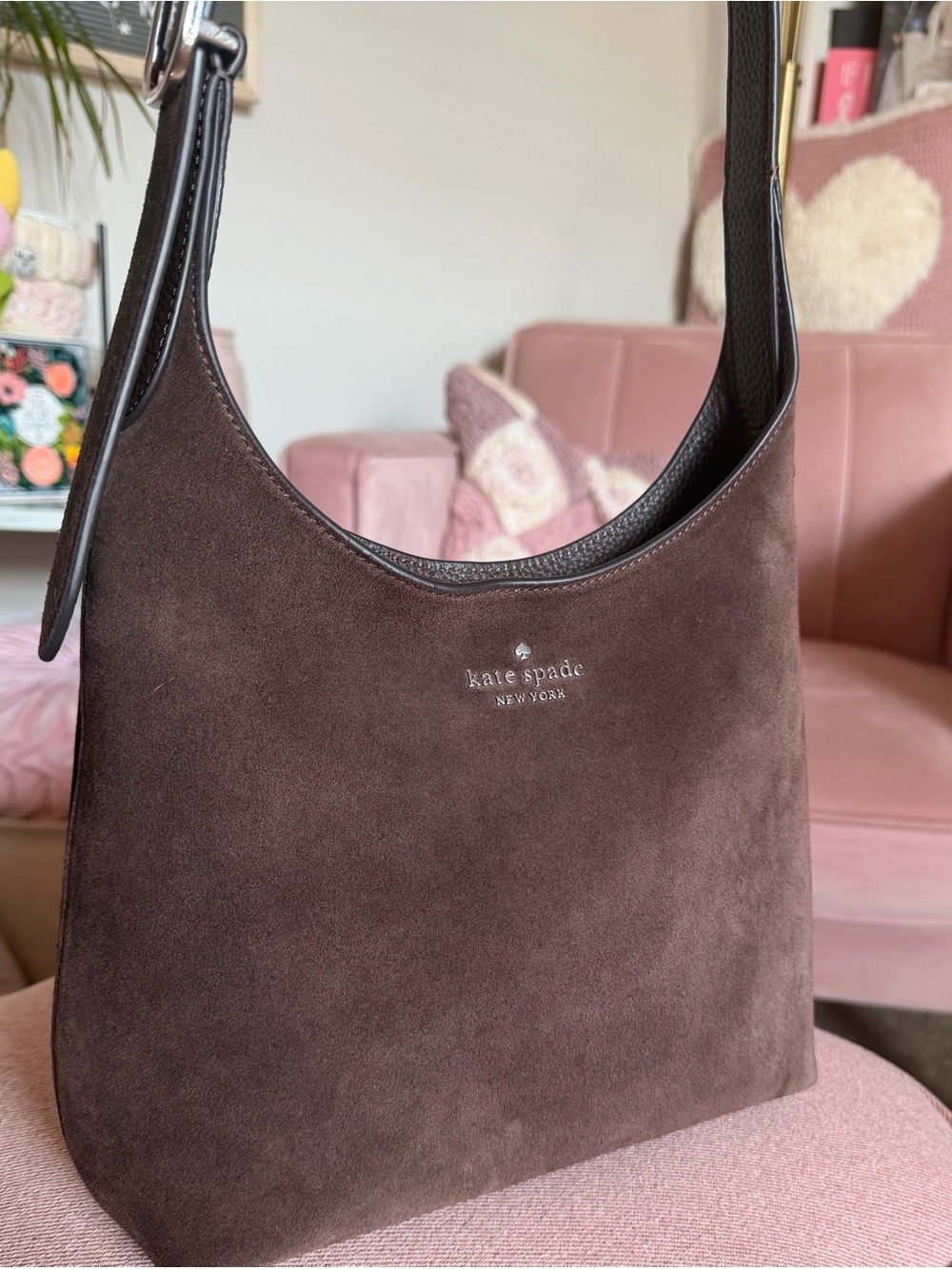 Kate Spade 454 Suede Small Shoulder Bag Hot Fudge KM472 Silver Hardware